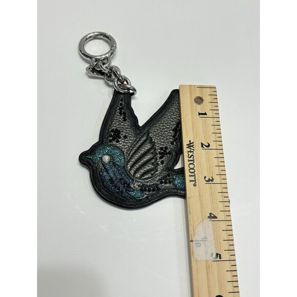 Coach Beaded Dark Teal Blue Bird Keychain Bag Charm Retro Keyfob 3.5" Glitter - Picture 9 of 13